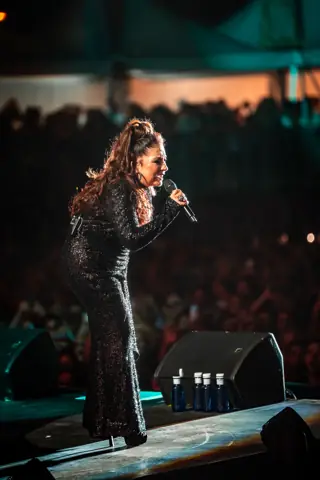 Gloria Estefan canta al micrófono bajo luz cálida. Cook Music Fest, Tenerife, julio 2025.