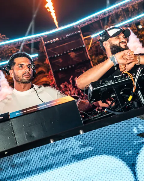 The Martinez Brothers in the booth with flames and the BRO sign. MAPPA 06 (Water), Tenerife, July 2026. Photo for Just Music.