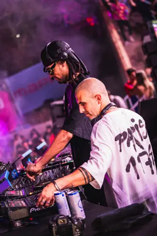 Dennis Cruz and PAWSA (Golfos) DJ together in the booth. MAPPA 01, Tenerife, March 2024. Photo for Just Music.