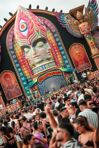 Escenografía psicodélica Hallucinarium con cabeza gigante y público de día. elrow Tenerife, octubre 2025